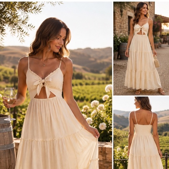 Lulus Dresses & Skirts - Lulus Cream Tiered Cutout Maxi Dress Smocked Back Tie Front Sleeveless Medium